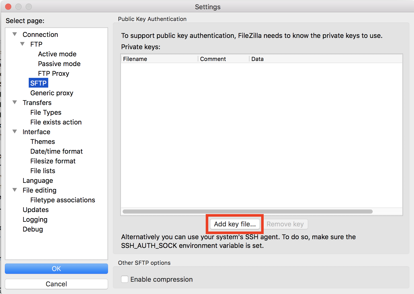 :scale Click on SFTP and then Add key file...